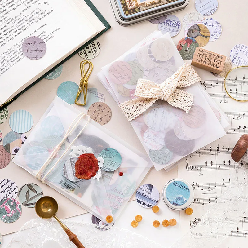 100pcs/bag Vintage Round Stickers Adhesive Scrapbooking Paper Stickers Creative Letter Decor Girls Gifts School Supplies
