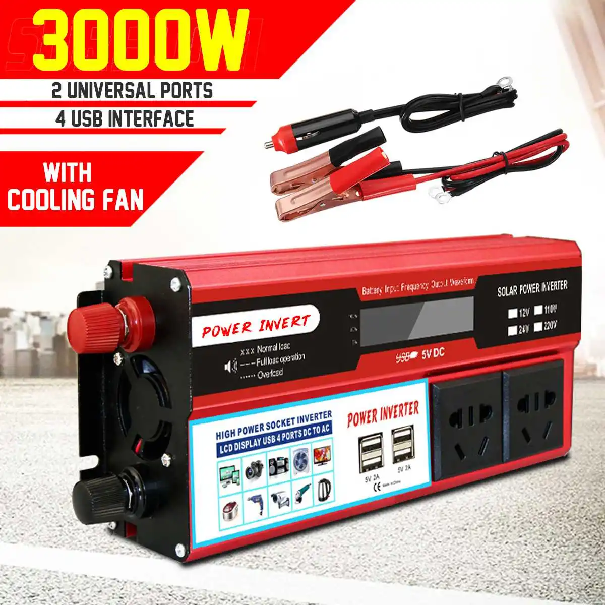 

P eak 3000W Car Solar Power Inverter DC 12/24V to AC 220V/110V Sine Wave USB Converter Protection 4 Interface AC Outlets Compaty