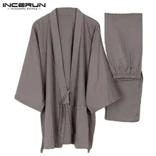 Мужское кимоно, домашняя одежда в японском стиле, одноцветные хлопковые топы и штаны, комплекты, мужские пижамы, Свободные повседневные мужские пижамы, костюмы размера плюс