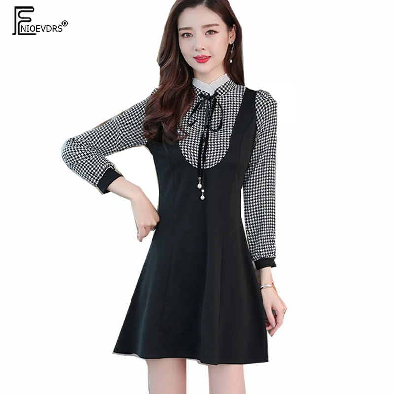 

2019 Spring Basic Mini Dresses Hot Sales Women Cute Sweet Bow Tie Shirt Dress Patchwork Mini Faux Two Piece Plaid Dress F278