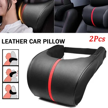

Car Pillows Auto Seat Head Neck Headrest Rest Cushion Black+Red High Quality Car Leather Neck Pillows Auto Accessories 2pcs