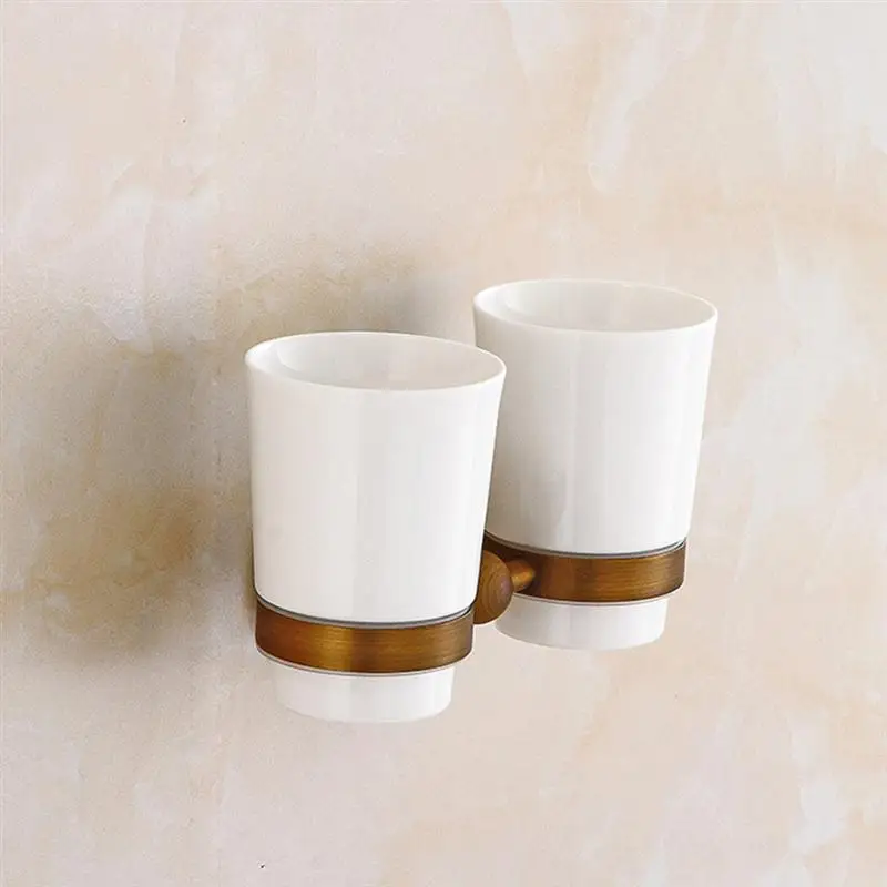

Vintage Antique Copper Double Cup Holder Wall Mounted Toothbrush Tumbler Rack Ceramic Cups Holders for Home Bathroom Hotel
