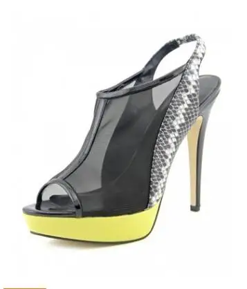 

Newest Style Women Black Mesh Leather Peep Toe Sandals Elastic Band Back Strap Party Shoes Yellow Platform Snakeskin 11cm Heels
