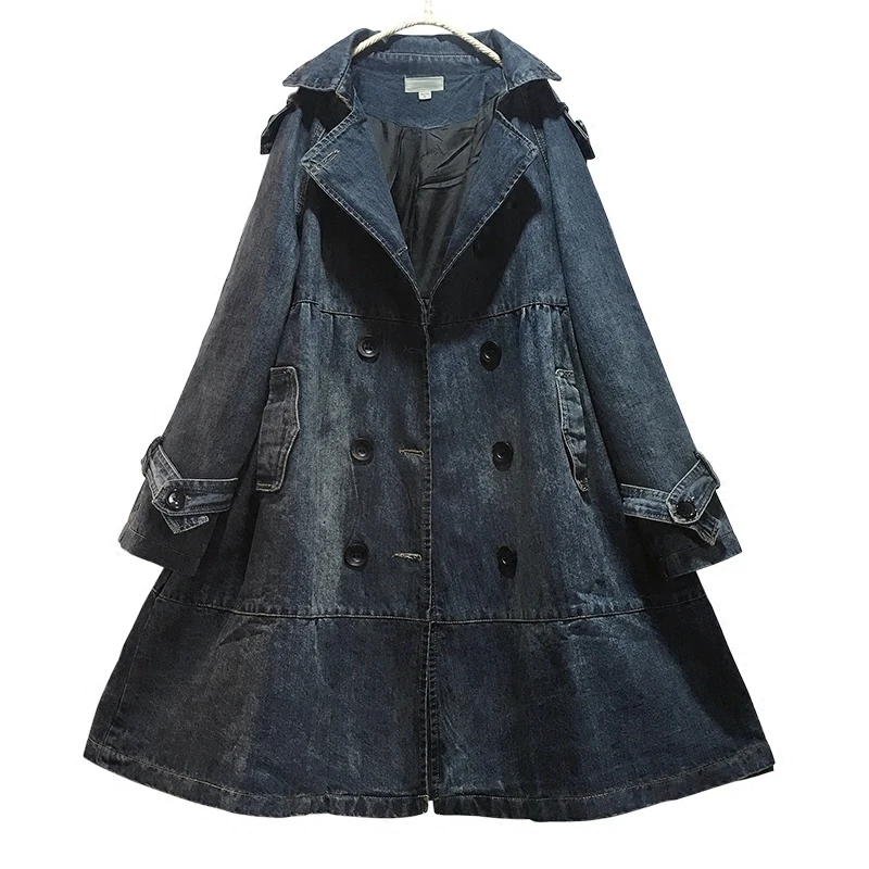 2018 Lavé Pleine Automne Col Veste Manches Manteau Wb14901xl Mode Femmes Taille Profond Long Plus Qlzw Denim ligne Hiver A blue Black down Turn La d6wzdp