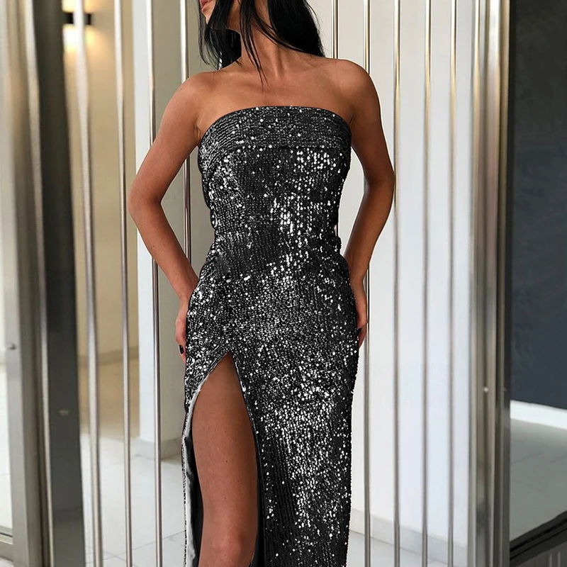 

Women's Evening Gown Long Dress Split Shiny Glitter Sleeveless Prom Pageant Sexy