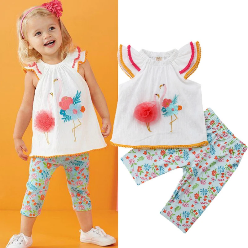 

2PCS Summer Girls Clothes Kids Baby 3D Flower Flamingo Tops Vest+Floral Print Pants Toddler Girl Clothes Girlymax Clothes