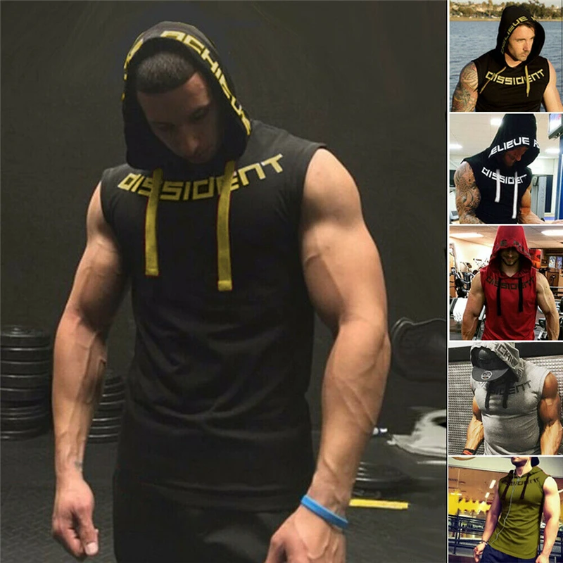 

New Men Fashion Sleeveless Bodybuilding Hooded Hoodies Summer Letter Swearshirts Muscle Sweatshirt Hoody Tops GYM Sport Vest