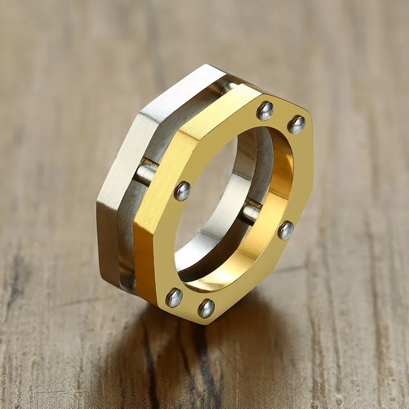 

Cool Men Gold and Silver Tone Octagon Nut Bolt Ring Rock Punk Stainless Steel Wedding Band Male Accessory