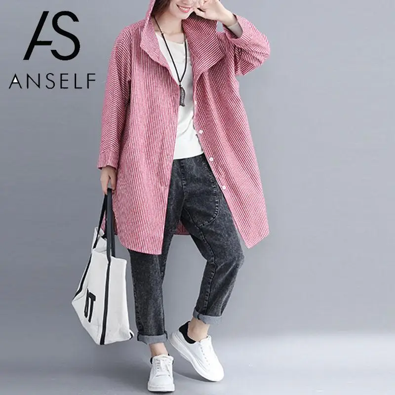 

2019 Fashion Women Striped Hooded Jacket Front Buttons Long Sleeve Asymmetric Hem Spring Loose Coat Outerwear female tunics HOT