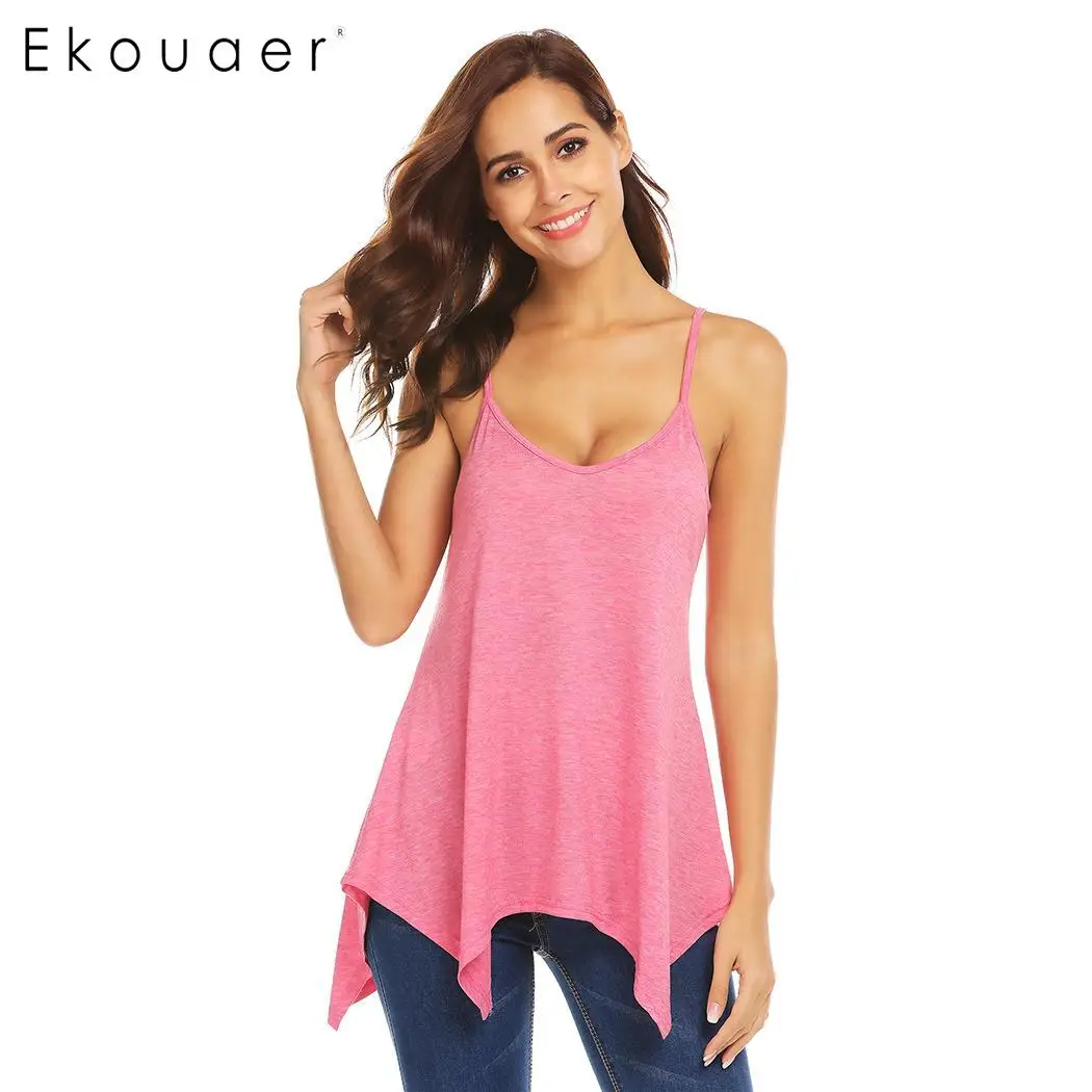 Ekouaer Womens Tank Top Irregular Hem Casual Loose Summer T-Shirts Solid Spaghetti V-Neck Strap Sleeveless Cami | Женская одежда