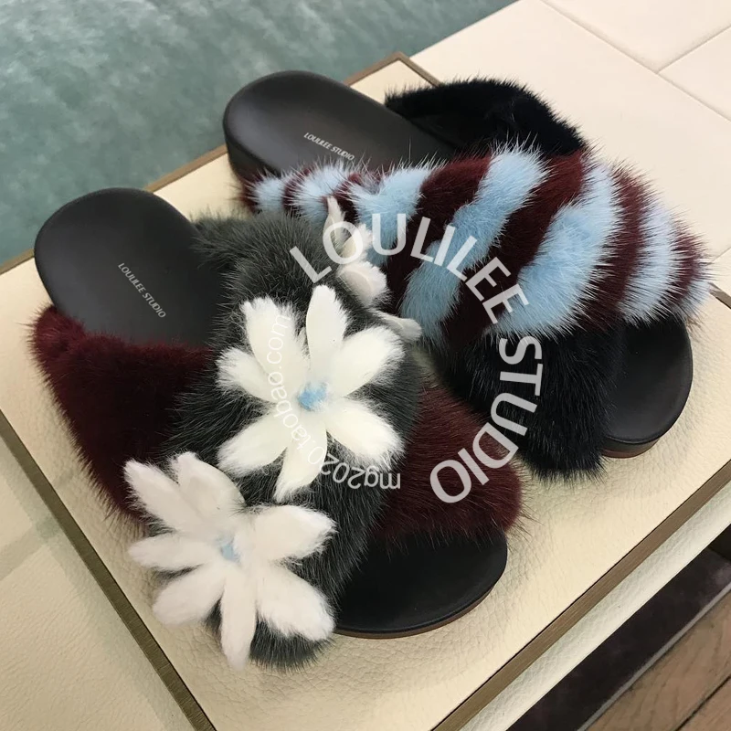 Haar Sandalen Nerz Sommer Pelz Wohnungen Leder Mujer Außerhalb As Frauen Casual Alias Decor Gleitet Luxus Hausschuhe Show Blumen wYzgXX