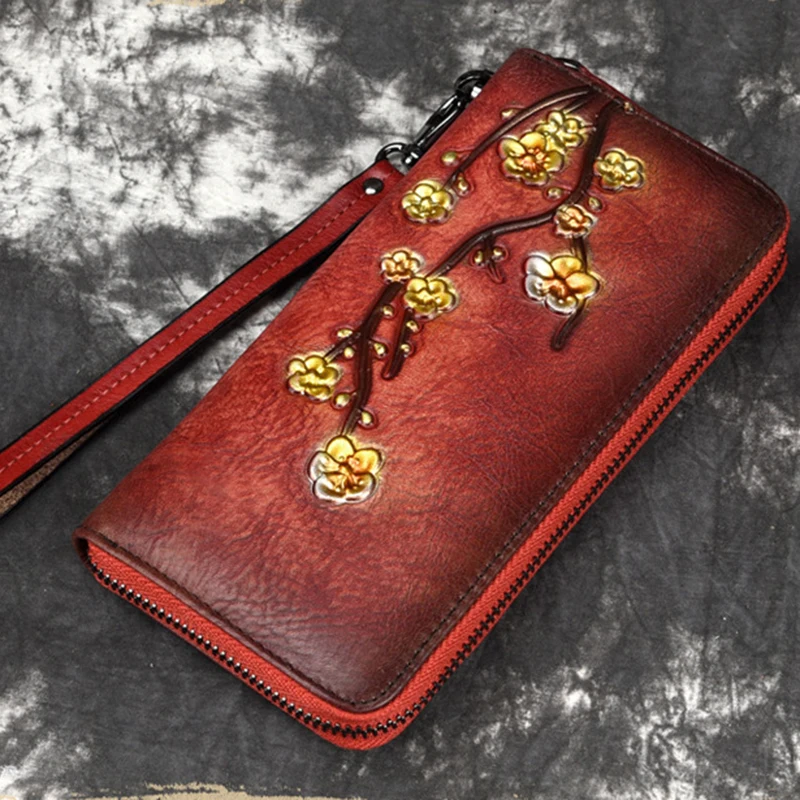 

Women Long Wallet Genuine Leather Money Handy Zipper Bag Cards Holder Luxury Plum Flower Vintage Female Clutch Wrist Bags Purse