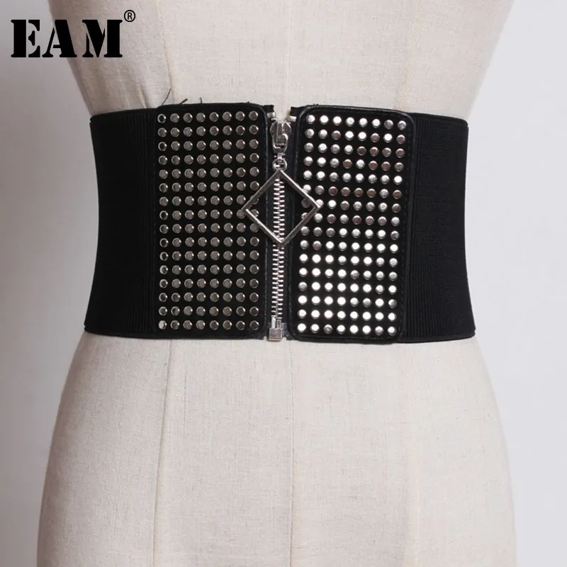 

[EAM] 2019 New Spring Summer High Elastic Balck Rivet Split Joint Zipper Loose Wide Belt All-match Women Fashion Tide JO073