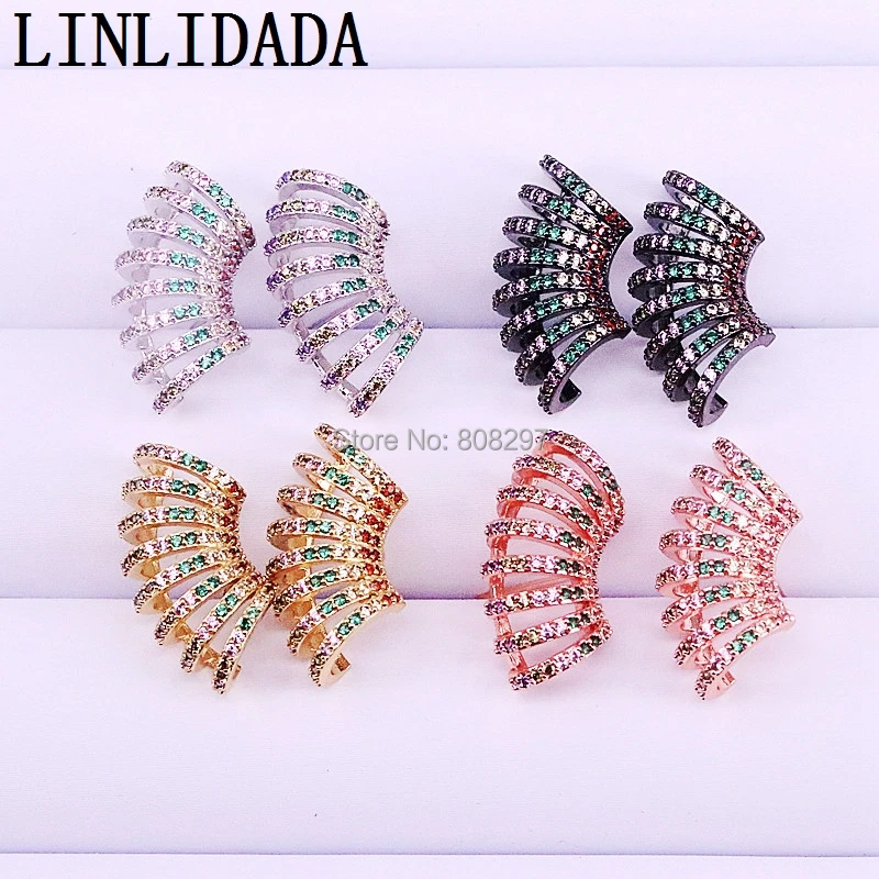 

Fashion 6Pair Silver /Gold/Rose Gold/Black color rainbow micro pave cz fan shape stud earrings for girl women jewelry
