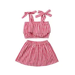 Одежда для девочек, младенцев, детей, малышей Комплекты одежды Холтер Топы пояс юбки в клетку с бантом Лето 6 шт. комплект для маленьких