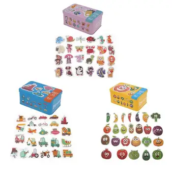 

Kids Wooden Cartoon Cognition Puzzles Toys Baby Iron Box Cards Matching Game Early Learning toys Gifts for children