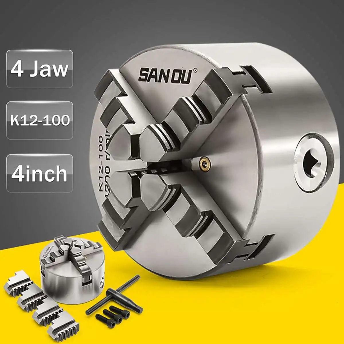 

4'' SANOU Lathe Chuck 6 Inch 4 Jaw Self Centering & Reversible Jaw K12-100 Tool