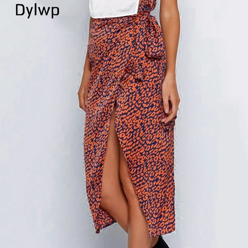 

Women's Satin Midi Skirt 2019 Summer Fashion Vintage Leopard Print High Waist Lace UP Skirts Sexy High Split Asymmetry Skirt