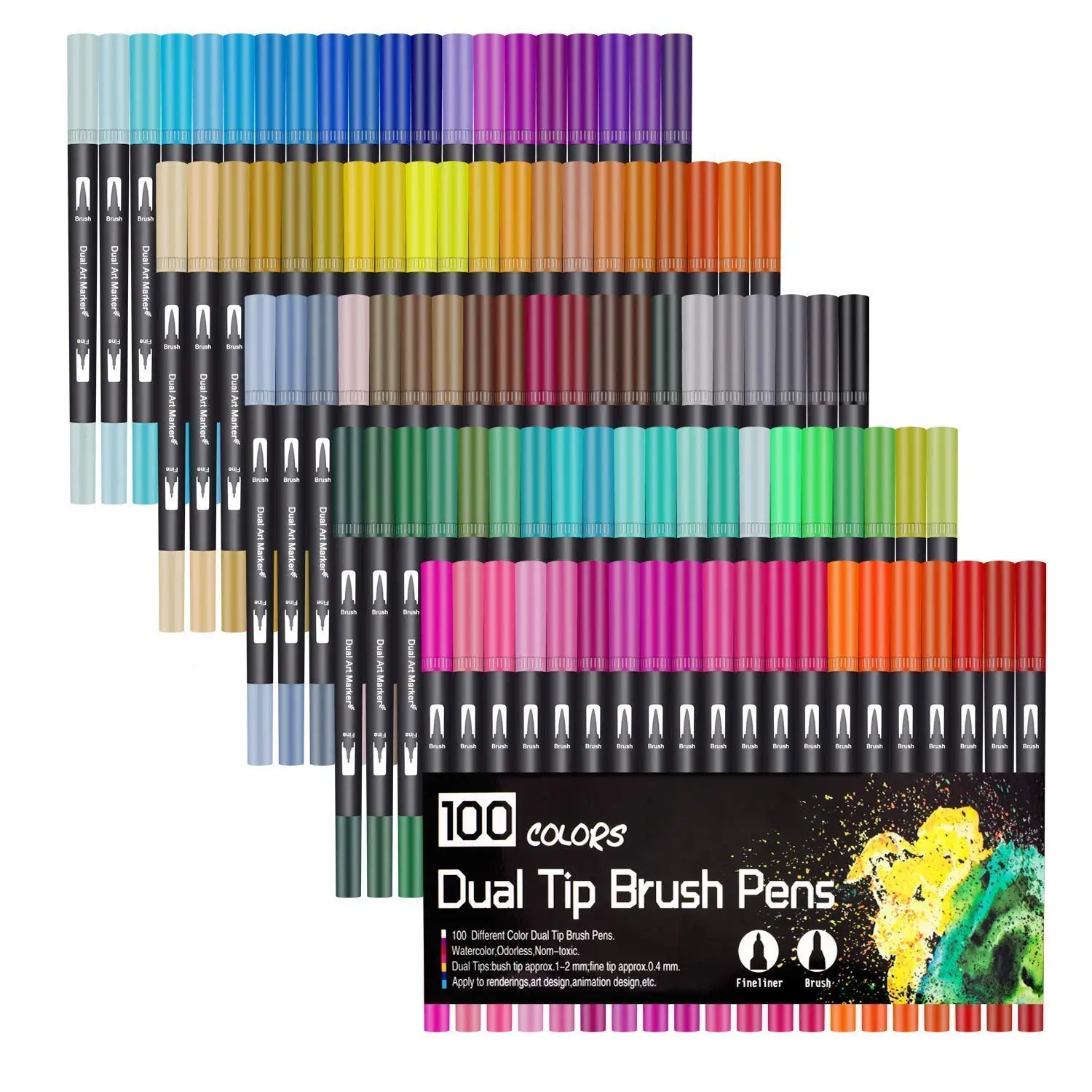 

100 Colours Brush Pen 2mm Brush Tip and 0.4mm Fineliner Tip Dual Tip Art Markers (Black)