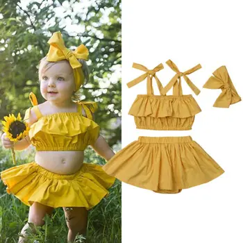 

3Pcs Solid Baby Girl Outfit Sleeveless Strap Bandeau Tanks Crop Tops+Infant Tutu Culottes Skirt+Headband Summer Clothes Baby Set