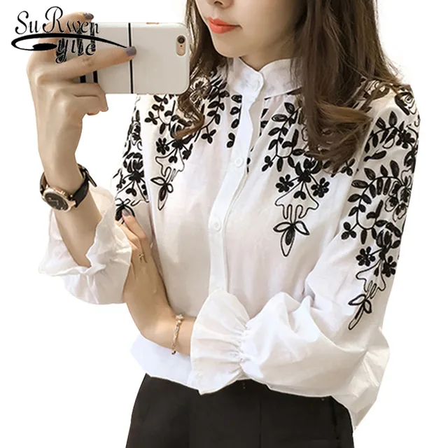 US $7.90 2019 Fashion Female Clothing Embroidery Blouse Shirt Cotton Korean Flower Embroidered Tops Korean S