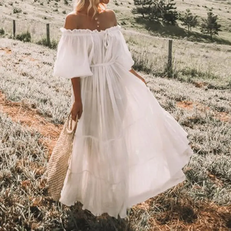 Летнее богемное белое простое милое Ретро пляжное женское длинное платье с открытыми плечами Плиссированное кружевное элегантное платье с рукавами-фонариками