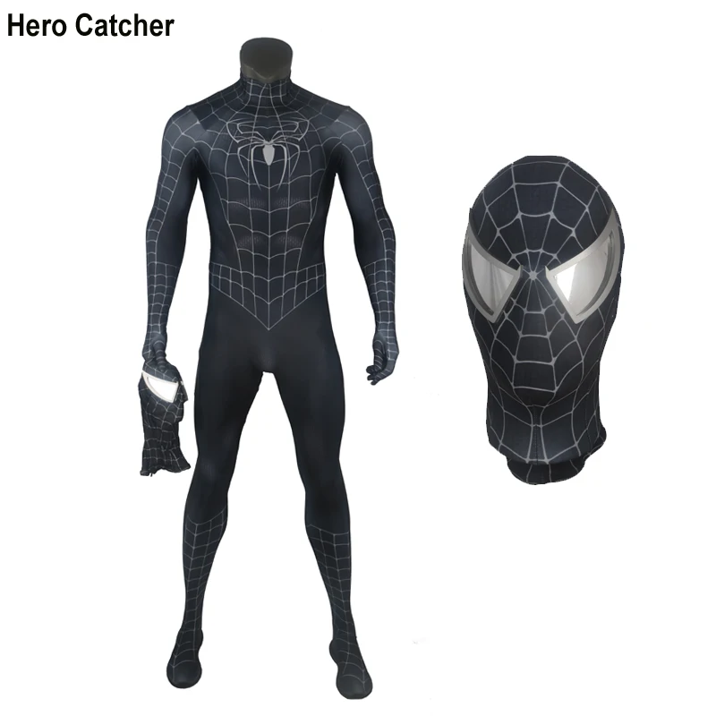 

Hero Catcher Top Quality Mirror Lens Venom Raimi Spider Man Cosplay Costume For Halloween Black Spiderman Costume Fullbody Suit