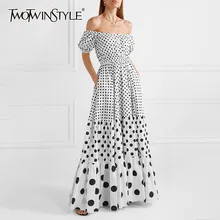 TWOTWINSTYLE в горошек с открытыми плечами женское платье с вырезом лодочкой и пышными рукавами Высокая талия хит цвет макси платья Женская мода лето