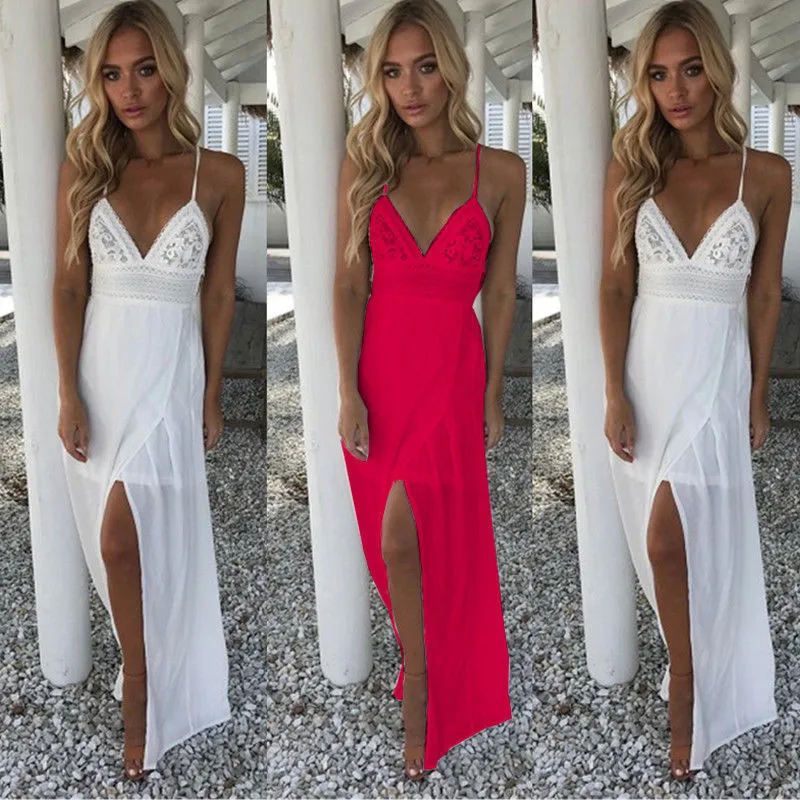 

Women Boho Floral Lace Long Maxi Dress Evening Party Beach Dresses Summer Sleeveless V neck Sundress Elegant Female Vestido