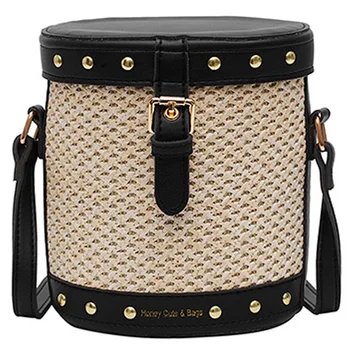 

NEW-Women'S Straw Bucket Bag Rivet Crossbody Bag Summer Travel Crossbody Shoulder Bag Women'S Tote Bag