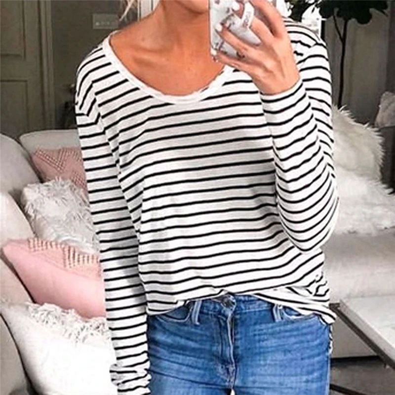 

Women Casual Stripe Cotton t shirt women Soft Long Sleeve Round Neck t shirt