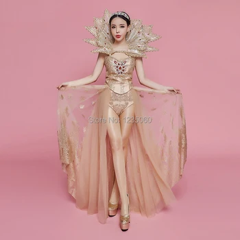 

Sparkle queen gold print rhinestone drag tail suit bar club concert female dancer costumes