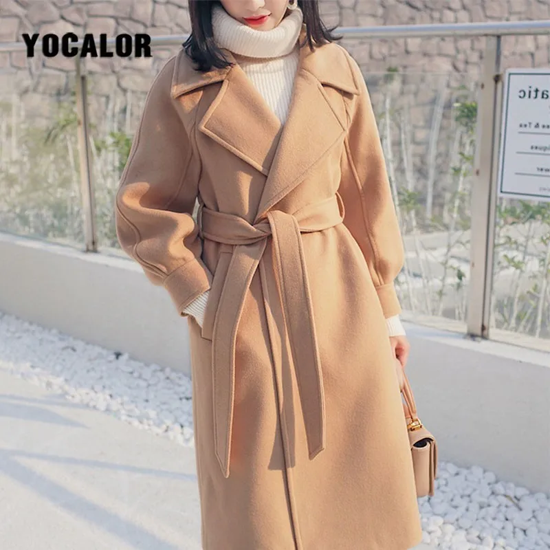 Ceny Plus rozmiar luźna ciepła wełna mieszanki długi płaszcz zimowy skręcić w dół kołnierz regulowany pasek płaszcze z wełny kobiety odzież do pracy biurowej elegancka