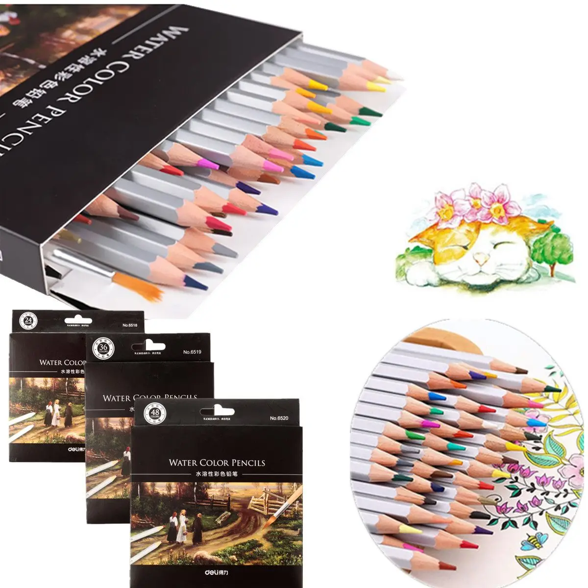 

KICUTE 24/36/48 Colors Water Soluble Wooden Lead Pencils Water Color Wooden Pencil + Brush Set Artists Supply