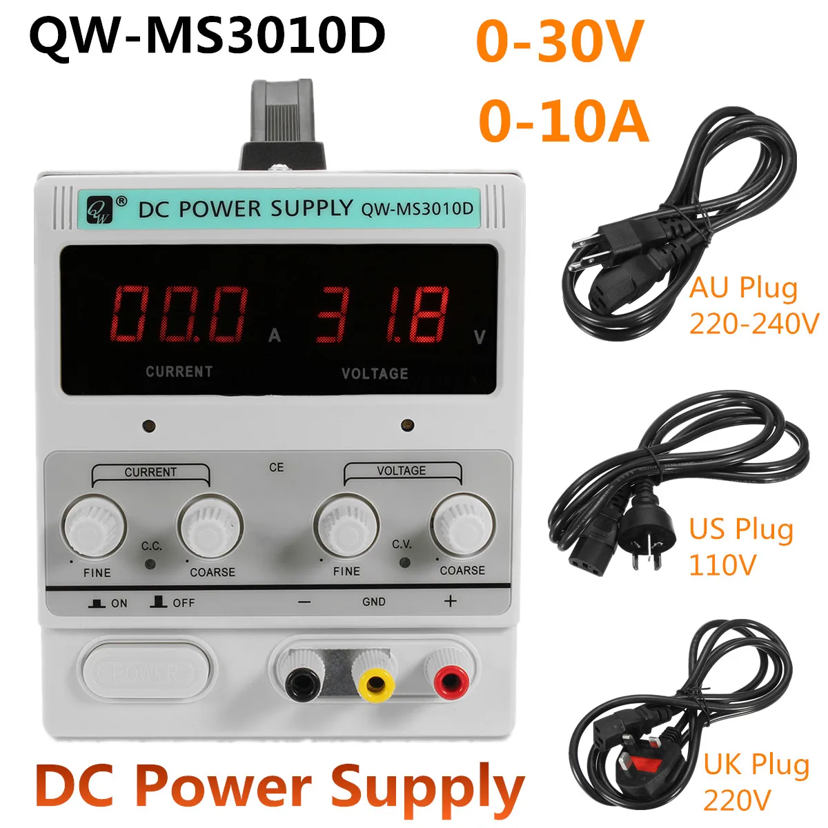 

30V 10A DC Power UK/AU/US Plug Supply Precision-Variable Digital Adjustable With Clip Cable LED Display Protection Automatically