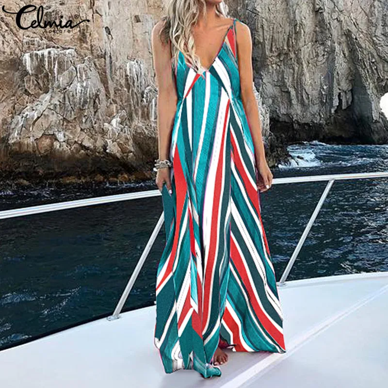 

Celmia Women Long Dress Casual Sexy V Neck Strap Maxi Dresses 2019 Summer Striped Sundress Loose Party Vestidos Mujer Plus Size