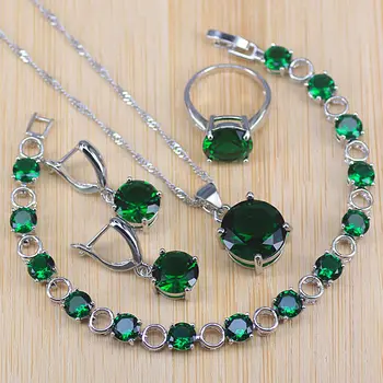 

Classic Russian style Green Cubic Zircon Silver Color Costume Jewelry Set for women bracelet pendant necklace earring ring
