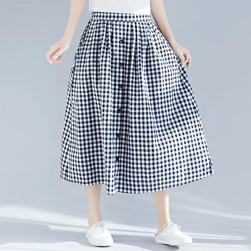 

2019 New Spring Women Skirt Loose Cotton And Linen Skirts Black White Plaid 3960