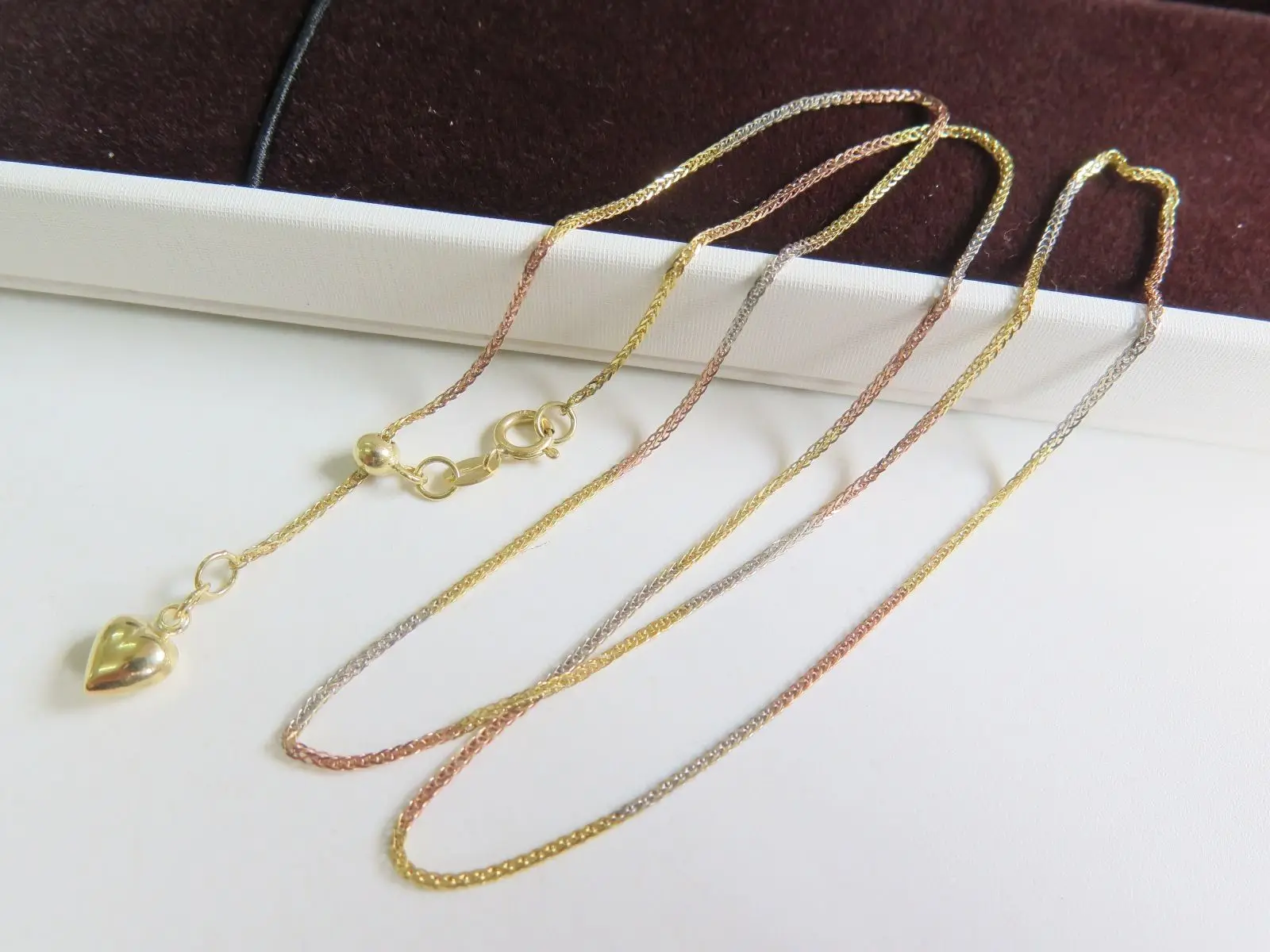 

NEW Pure 18K Multi-Tone Gold Heart Charm with Wheat Link Chain Necklace 45cm L