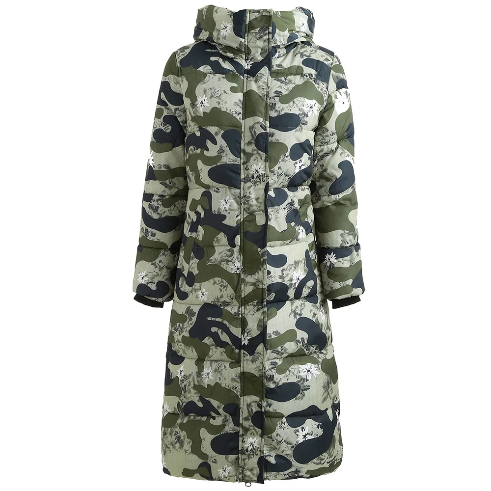 Kenancy Women Hooded Camouflage Print Long Puffer Coat