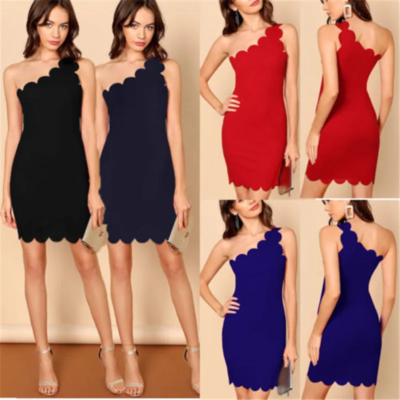 

Women's Elegant Solid Color Irregular Collar One-Shoulder Dress High Waist Slim Bag Hip Short Mini Dress Plus Sizes S-2XL