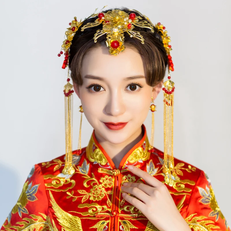 

Classic Gold Color Hair Jewelry Set Chinese Bridal Headdress Wedding Tassel Headwear Ornament Ancient Costume Women Headpieces