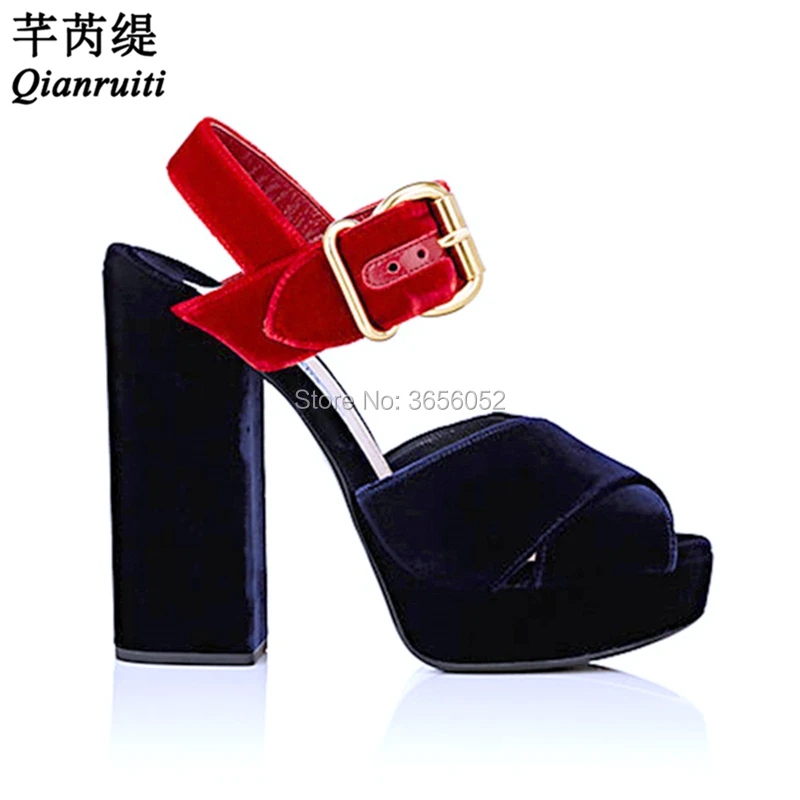 

Qianruiti Runway Summer Open Toe Sandalias Buckling Ankle Strap Velvet Shoes Ladies Party Heels High Block Heel Platform Sandals