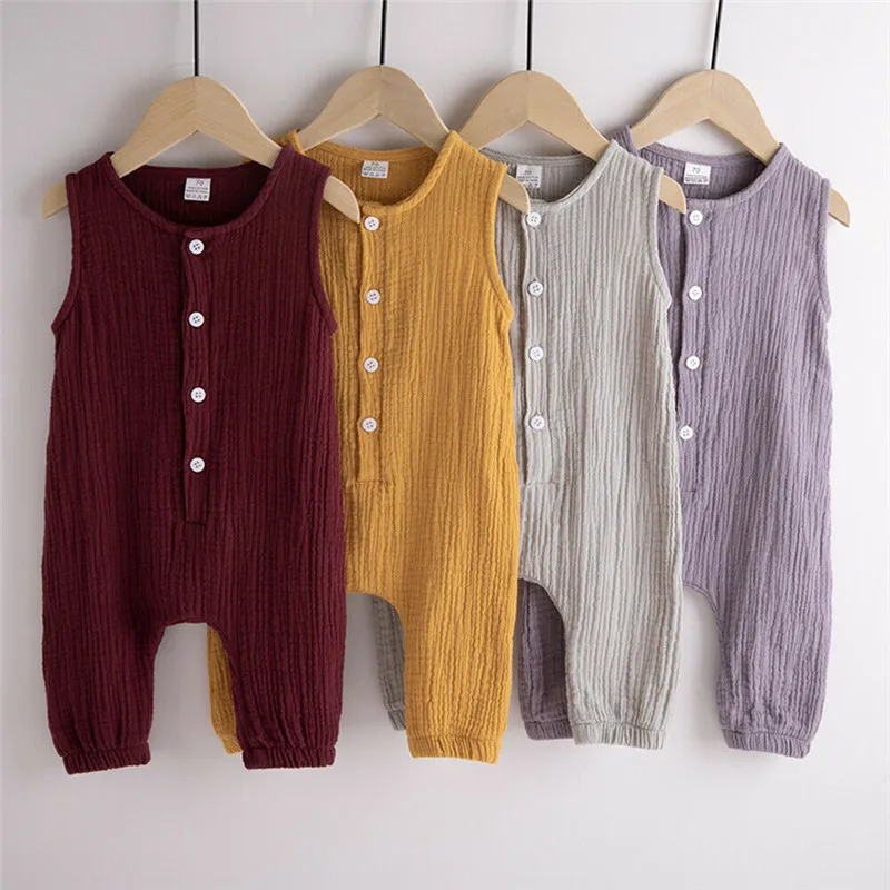 

Summer Casual Newborn Baby Boy Girl Cotton Clothes Cotton Romper Sleeveless Button Tank Jumpsuit Unisex Baby Solid Sunsuit 0-18M