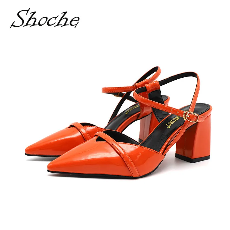 

Shoche Women Slingback Sandals Pointed Toe Summer High Heel Shoes Orange Block Heel Sandale Femme Fashion Patent Leather Shoes
