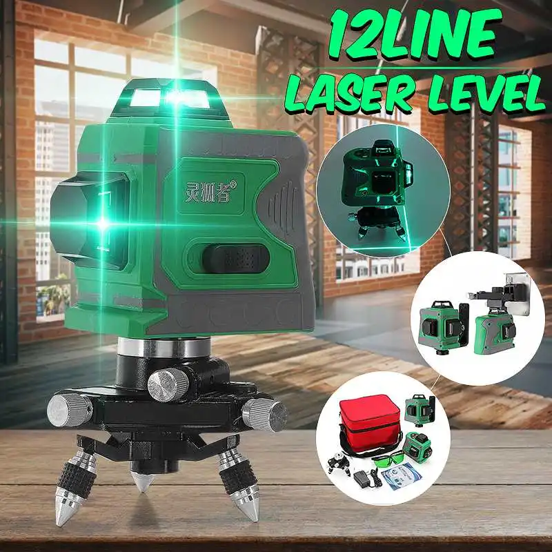 

3D 532nm Laser Level 12 Line Green Light Auto Self Leveling 360 Rotary Measure Cross Advanced Rack 1.2/1m Tripod Base Waterproof