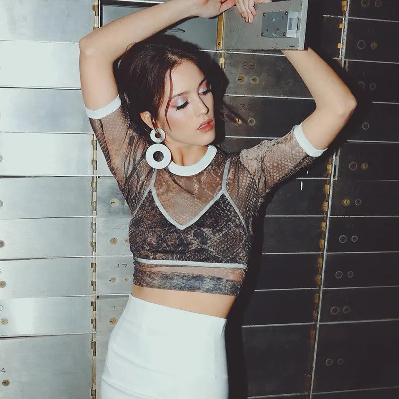 

Women Print Tops New Contrast Color Snake Pattern Mesh Hollow Perspective T-shirt Women's Shirt Female Short O-neck T-shirt