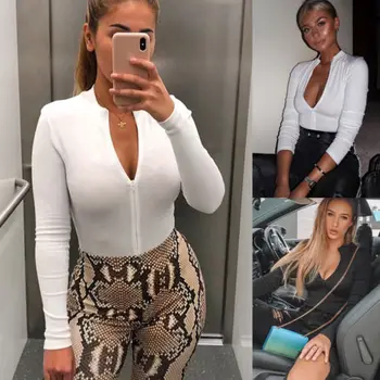 

2019 New Womens V Neck Bodysuit Stretch Long Sleeve Jumpsuit Playsuit Romper Top