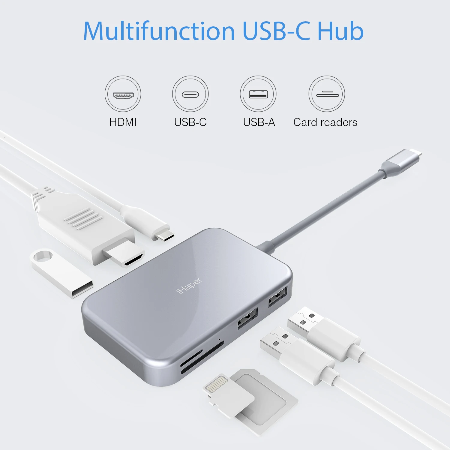 Ihaper C003 7-в-1 USB-C концентратор с Тип-Док-станция с USB/HD видео Выход/USB-A 3,0/микро SD карты Порты