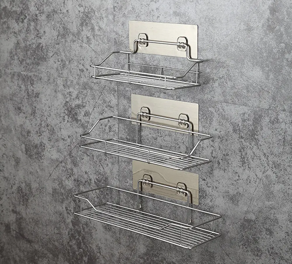 Bathroom Waterproof Storage Shelf Stainless Steel No Drilling Suction
